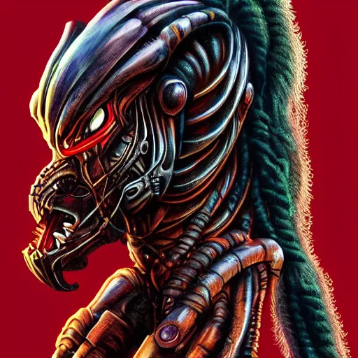 Prompt: character digital painting of an alien with dreadlocks and high tech armor, The Predator, Yautja, by Dan Mumford, hyperdetailed