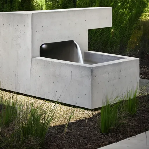 Prompt: Steven holl architect and gio ponti design a modern backyard water fountain, concrete and black steel