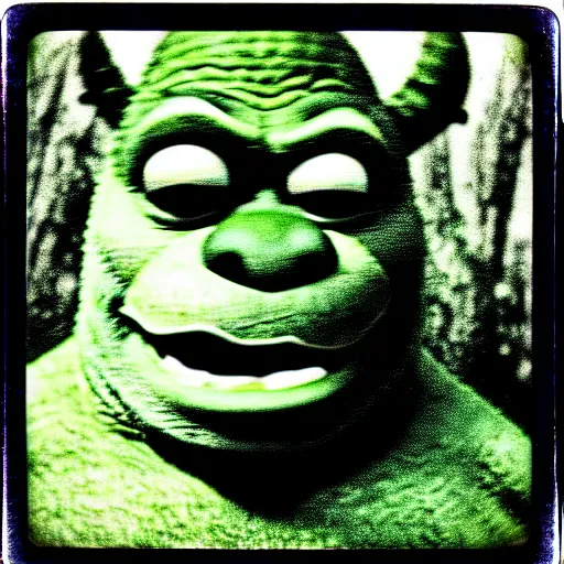 Image similar to horrifying old polaroid of monster shrek staring from the depths of the dark gloomy forest, photo by beksinsky, carpenter, creepy pasta, photorealistic, grainy, found footage, old film, low quality, horror, creepy, unsettling, terrifying