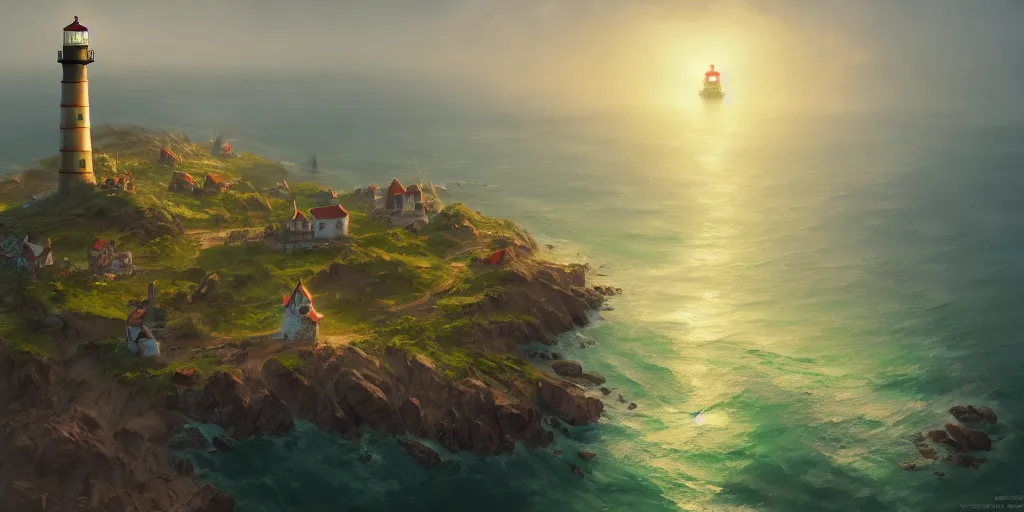 Image similar to Very small fantasy village on a cape with a lighthouse shining with green light, fishing boats, view from above. In style of Greg Rutkowski, Jesper Ejsing, Makoto Shinkai, trending on ArtStation, fantasy, great composition, concept art, highly detailed, scenery, 8K, Behance.