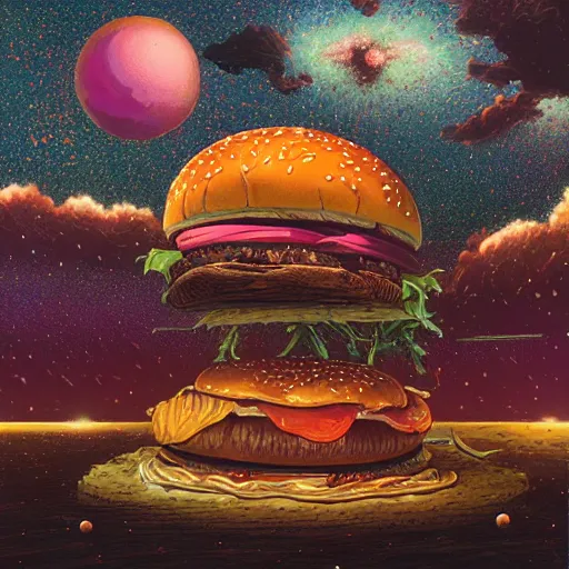 Prompt: a detailed and serene milky way and exploding nebulas made out of fantastic hamburgers in gallerie by James Ryman , dan Mumford, beeple, Johfra Bosschart, Stan and Jan Berenstain ,Gwen John