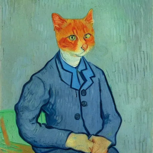 Image similar to a portrait of a ginger orange cat, wearing a light blue suit, by Vincent Van Gogh