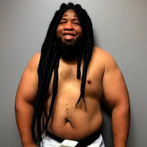 Prompt: photo of chubby black bjj athlete with long dreads posing