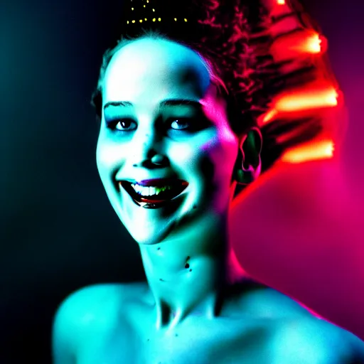 Image similar to smiling jennifer lawrence as the bride of frankenstein, macro photography, glowing retinas, fuscia cyan yellow white powder on face, national geographic