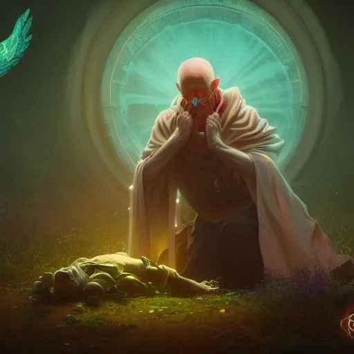 Image similar to an old necromancer kneeling down trying to resurrect his friend from dead, Green aura, artstation, Grim fantasy,emotional, EOS R5, f/2.5 , illustration , concept art, award winning photograph, 8k, Alphonse Mucha style,