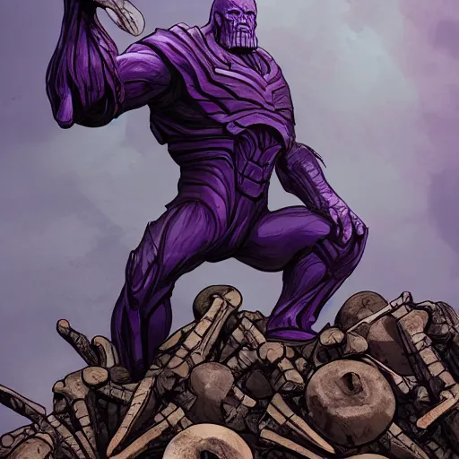 Image similar to Thanos standing triumphantly atop a pile of bones, epic fantasy, insane details, illustration, artstation, intricate, sharp focus, elegant, concept art