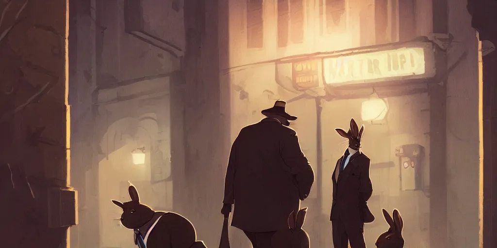 Prompt: rabbit wearing a tie is talking to a detective ferret in a dark alley, warm color palette, night time, dramatic lighting, noir film, character sheet, fine details, high contrast, blacksad, kim jung gi, greg rutkowski, trending on artstation, 8 k, front view, back view, ultra wide angle