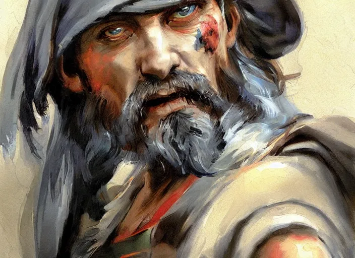 Image similar to a highly detailed beautiful painting of a homeless man as kratos, by gregory manchess, james gurney, james jean