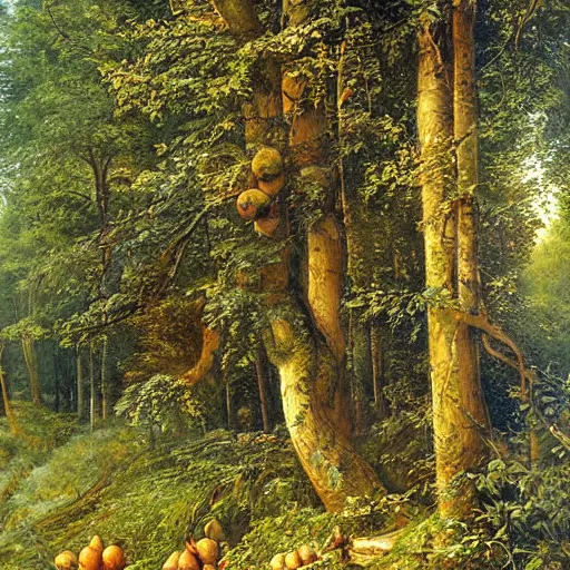 Image similar to forest full of fruits, epic beautiful detailed painting by ivan shishkin