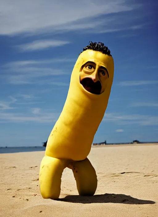 Image similar to jeff goldblum as a banana on the sand of a beach