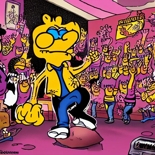 Image similar to hyper realistic garfield moshing at a hardcore punk show, detailed, photography