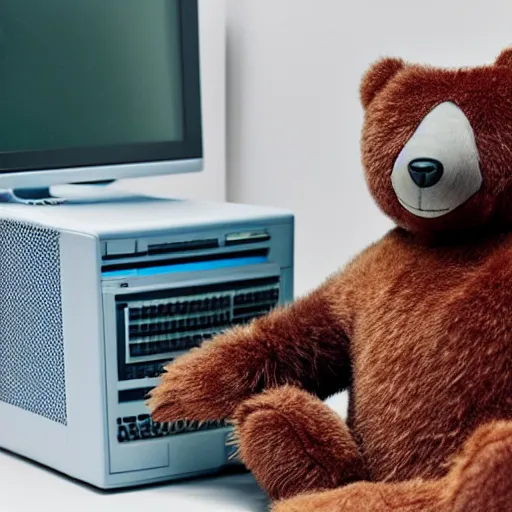 Image similar to A bear sitting in front of a 90s compute, cute, pastel, bubbly