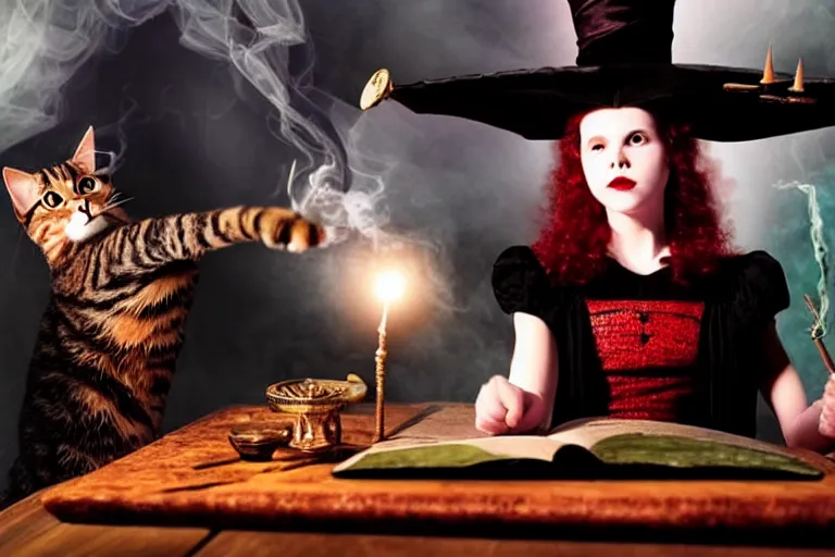 Prompt: close up portrait, dramatic lighting, teen alice witch calmly points a magic wand casting a spell over a large open book on a table with,, cat on the table in front of her, sage smoke, a witch hat cloak, apothecary shelves in the background, still from alice in wonderland