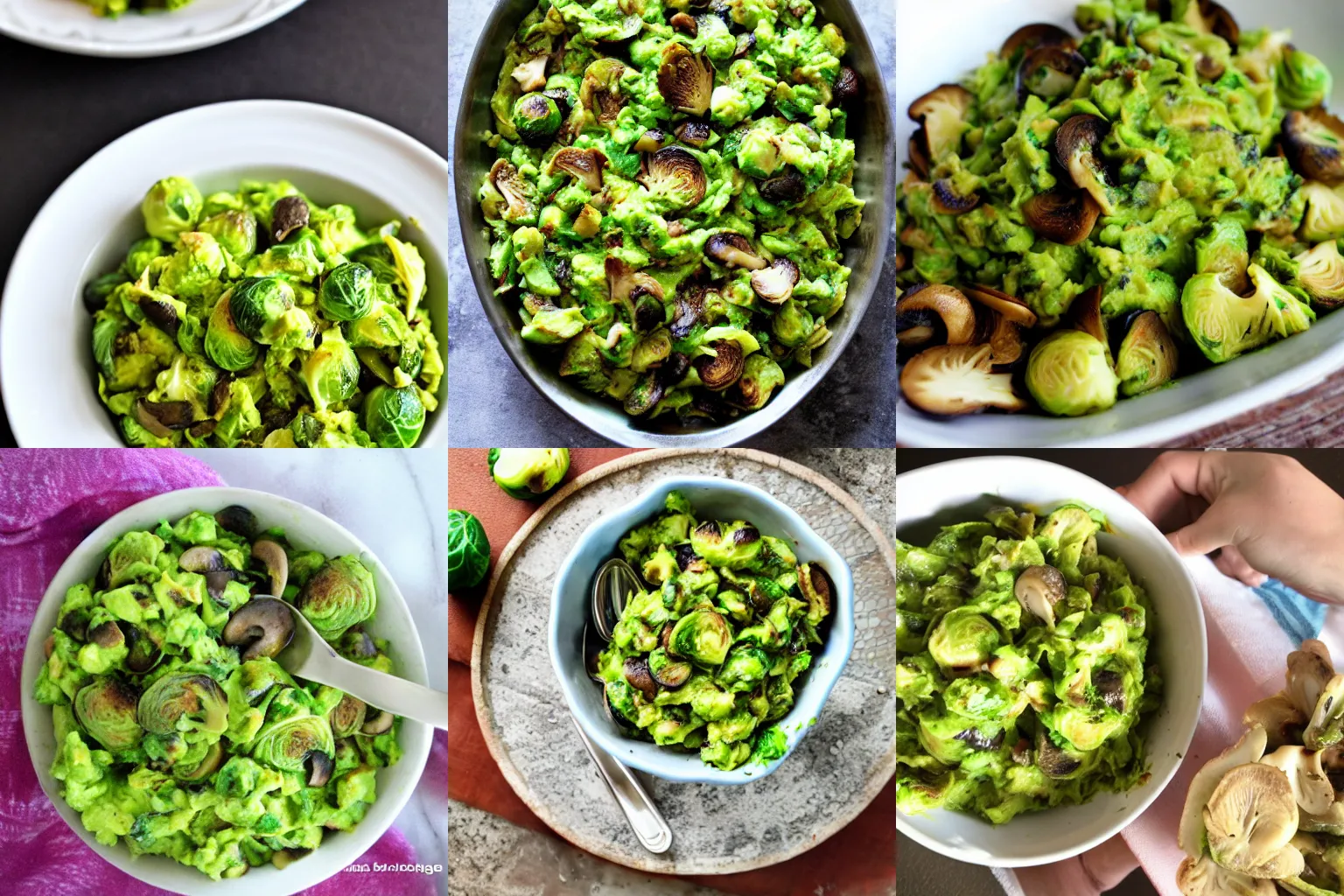 Prompt: delicious Brussel sprout guacamole with mushrooms, food blog photo