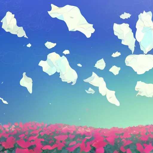 Prompt: background art of spaciously scattered flower petals flowing and floating through the blowing swirling directional wind from left to right on a simple cloudy sky background, big puffy clouds, large individual rose petals, angular background elements, polygonal fragments, studio ghibli, artgerm, trending on artstation, art nouveau, mature color scheme