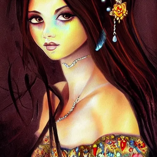 Image similar to beautiful young princess of coca, dark hair, dark eyes, fantasy painting, very painterly