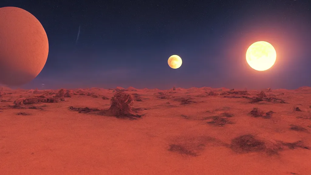 Image similar to a lanscape of an alien planet. sunset, full moon, cinematic composition, cinematic lighting, octane render, unreal engine, photo realistic, ultra detailled, foundation, star wars, dune, landscape, magnificent