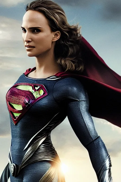Prompt: a close up of Man of Steel flying cast as Natalie Portman by Greg Rutkowski, full body shot