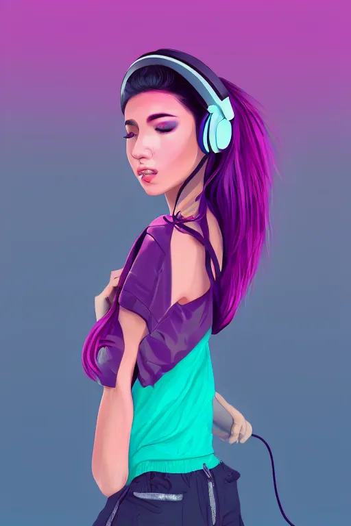 Image similar to a award winning half body portrait of a beautiful woman in a croptop and cargo pants with ombre purple pink teal hairstyle with head in motion and hair flying listenin to music on headphones by wlop, outrun, vaporware, shaded flat illustration, digital art, trending on artstation, highly detailed, fine detail, intricate