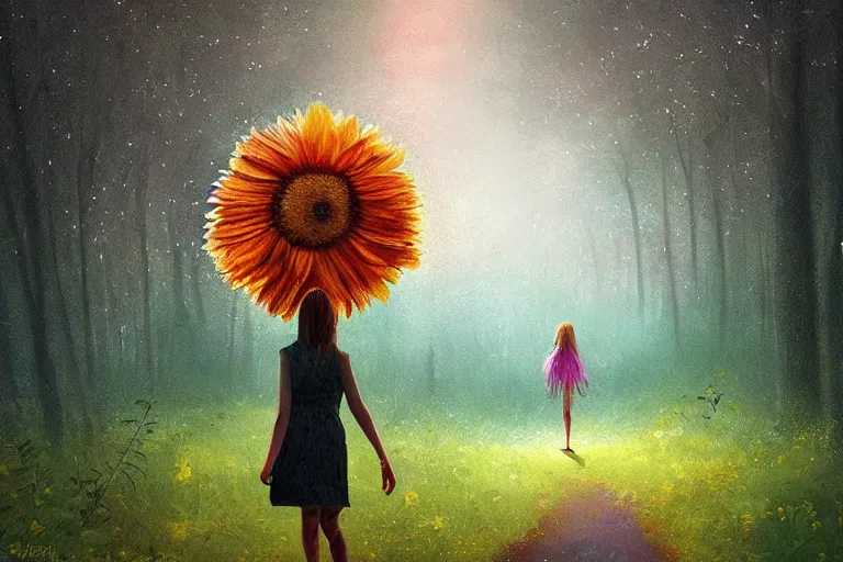 Image similar to giant daisy flower as face, girl walking in forest, surreal photography, dark night, stars, moon light, impressionist painting, clouds, digital painting, artstation, simon stalenhag