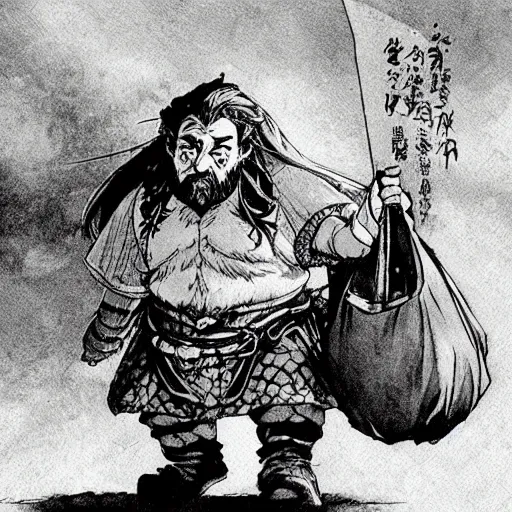 Prompt: “dnd dwarf, carrying big sack, by takehiko inoue, manga”