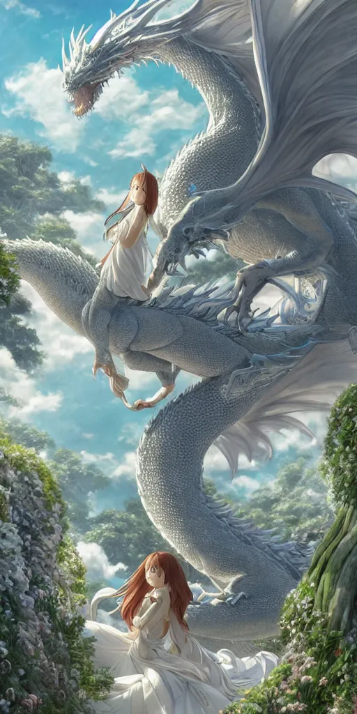 Image similar to the beautiful hyper detailed scene render that a beautiful girl lies in the arms of a huge silver white dragon alone in the fairyland surrounded by white clouds, finely detailed angelic face delicate features, style of studio ghibli, makoto shinkai, raphael lacoste, louis comfort tiffany, artgerm, james jean, ross tran, animation style, hd, ultra wide angle