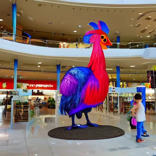 Image similar to giant rooster next to a small rooster inside a shopping mall