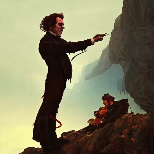 Image similar to sweeney todd as the demon barber standing atop a mountain looking down on london, surreal, intricate, headshot, highly detailed, digital painting, artstation, concept art, cinematic lighting, illustration, art by artgerm and greg rutkowski, alphonse mucha, cgsociety, science fiction