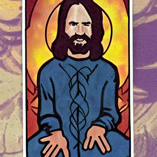 Image similar to ryder waite tarot card depicting charles manson