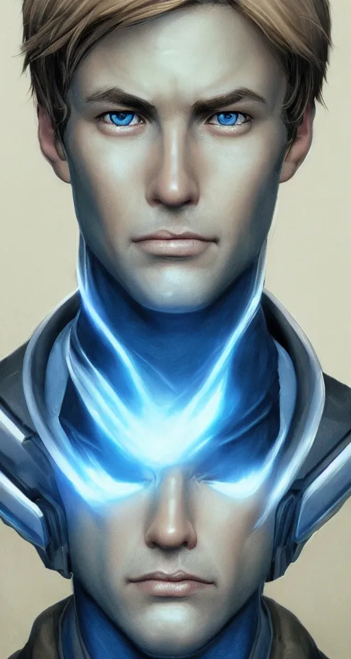 Image similar to portrait of tall, tired 3 3 - year - old handsome man with short darkblonde hair, blue eyes, wearing science fiction uniform, hyper realistic face, beautiful eyes, character art, art by mark brooks, hyperdetailed, cryengine, trending on artstation, digital art