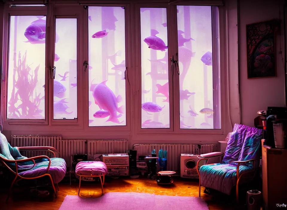 Image similar to telephoto 7 0 mm f / 2. 8 iso 2 0 0 photograph depicting the feeling of chrysalism in a cosy cluttered french sci - fi ( art nouveau ) cyberpunk apartment in a pastel dreamstate art cinema style. ( aquarium, computer screens, window ( city ), fish tank, lamp ( ( ( armchair ) ) ) ), ambient light.