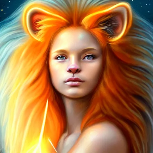 Image similar to Portrait of a girl angel with pale orange colored frizzy strands of illuminated hair, Lion essence, cat ears on her head, glowing halo, Lion's Mane, Cosmic, Lion's Gate, 8/8, fantasy, intricate, elegant, highly detailed, digital painting, artstation, concept art, smooth, sharp focus, illustration, art by Krenz Cushart and Artem Demura and alphonse mucha