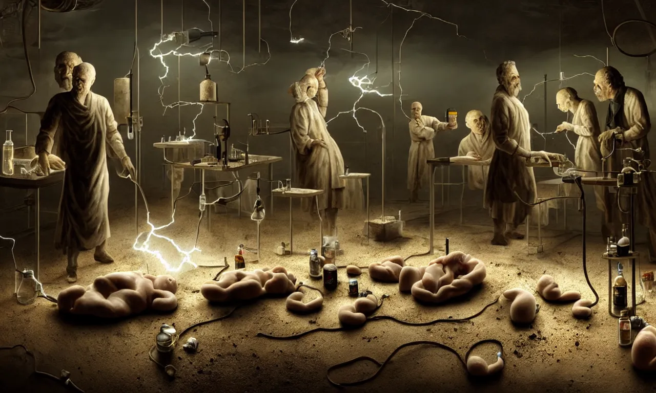 Prompt: ancient scientists making frankeinstein body born in night laboratory, with electric arc device, lightnings, dramatic shadows cast on reflective dirty ground, showcases full of embryos in bottles in background, cigarette smoke, volumetric lighting, subsurface scattering, dramatic lighting, high detail, from new scifi by digital domain and weta digital, strong ambient occlusion