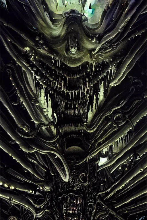 Image similar to dreamland of chinese, ghost, sharp, slender and densely arranged teeth, dystopian, cyberpunk, mould disintegrating into black dripping ink and slime, nanotech demonic monster horror, mecha, ominous, flowing mucus, intricate, studio, art by anthony macbain + greg rutkowski + alphonse mucha, concept art, 4 k, sharp focus