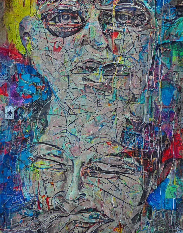 Prompt: abstract faces graffiti on an abandoned bus in Chernobyl by Alex grey on lsd, detailed and highly reliefed analogue mixed media collage with canvas texture in style of conteporary art, photorealistic, expressionism, masterpiece, perfect composition, hyperrealistic beautiful face, spectacular quality, intricate oil pastel glow, dynamic lighting, photorealistic, fantasy concept art, ambient lighting, atmospheric, stunning visuals, creative, cinematic, ultra detailed, trending on art station