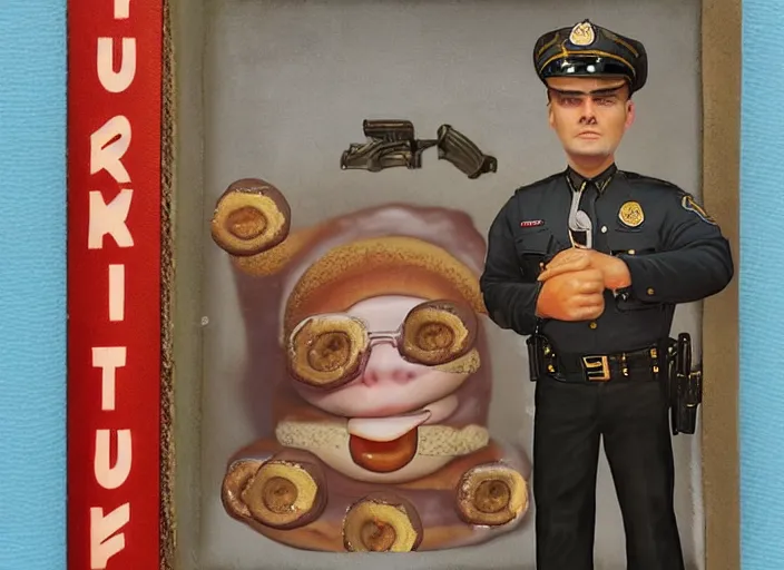 Prompt: a police officer made of donut, lowbrow, matte painting, 3 - d highly detailed, in the style of mark ryden,