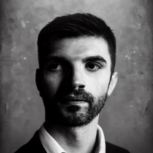 Image similar to A double exposure of a 4x5 styled portrait of a man coupled with an abstract oil-on-canvas painting, bokeh, shallow depth of field, black & white, dreamy, fog