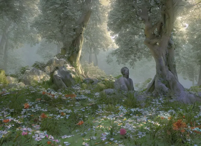 Image similar to idealistic marble statues with fractal flowery hair, seen from behind, in a magical forest, painted by, mc escher, gordon onslow ford, georgia o'keeffe and ivan aivazovsky, cinematic light, god rays, colourful, unreal engine, zbrush central,