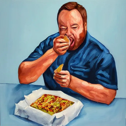 Prompt: alex jones eating burritos, oil painting