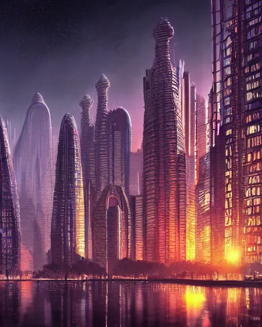 Image similar to a beautiful hyperdetailed rendering of city city by b. v. doshi, morning sun tron at night lake alien, archdaily, wallpaper, highly detailed, trending on artstation.