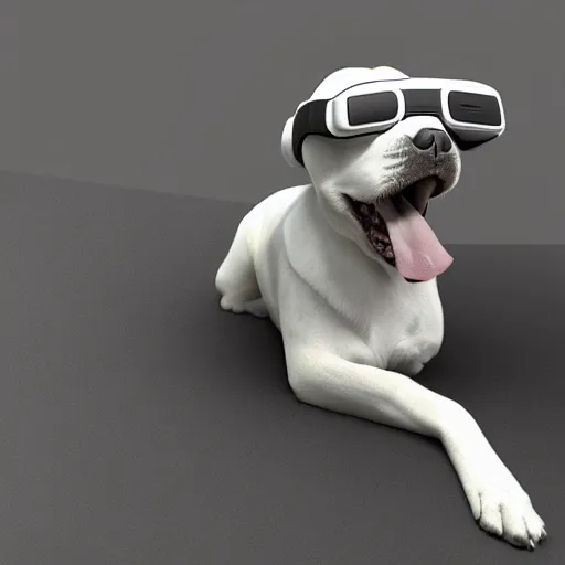 Image similar to ultra realistic 3 d render of a dog wearing a vr headset, octane, unreal engine