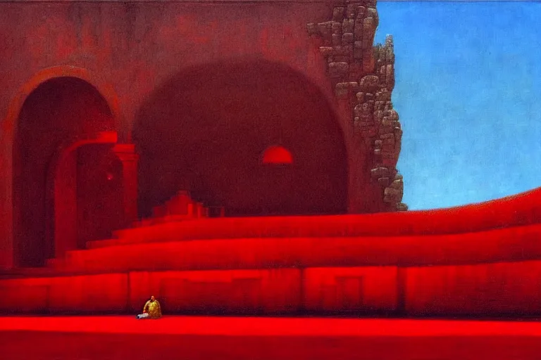 Image similar to only with red, a red melted emperor, taormina amphitheatre, crowd hails him, in the style of beksinski, parts by edward hopper, parts by rodcenko, parts by yue minjun, intricate and epic composition, red by caravaggio, insanely quality, highly detailed, masterpiece, red light, artstation, 4 k