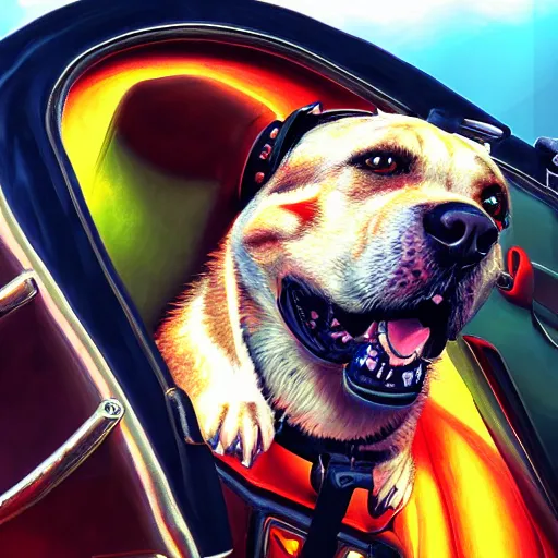 Image similar to photorealistic dog in a biplane. hyperdetailed photorealism, 1 0 8 megapixels, amazing depth, glowing rich colors, powerful imagery, psychedelic overtones, 3 d finalrender, 3 d shading, cinematic lighting, artstation concept art