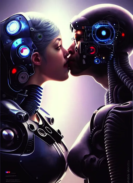 Image similar to ultra realistic medium shot of a couple of cyborgs lovers, kissing, cyberpunk, sci - fi, fantasy, kodak, photorealistic illustration, colour led, soft light, volumetric lighting, night, intricate, highly detailed, digital painting, concept art, smooth, sharp focus, illustration, art by artgerm and greg rutkowski and alphonse mucha