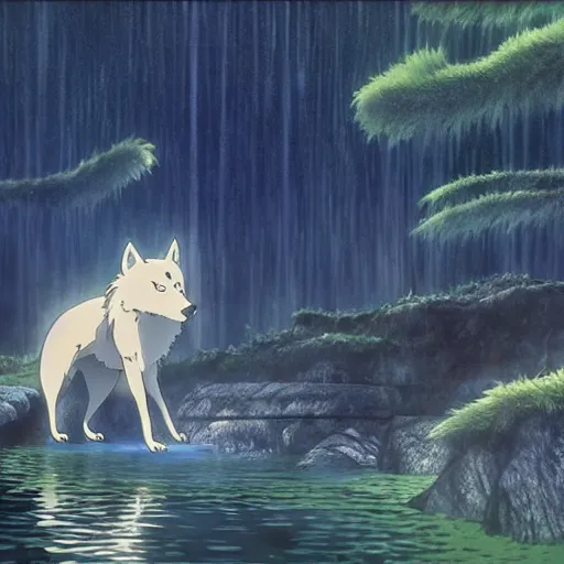 Image similar to a spirit wolf forest drinking water from an illuminated pool, hayao miyazaki, masashi ando, nizou yamamoto, kazuo oga, joe hisaishi, yoji takeshige, naoya tanaka