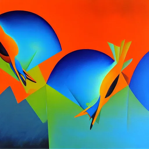 Prompt: a painting of a group of blue and orange birds, an airbrush painting by jarosław jasnikowski, cgsociety, generative art, angular, cubism, biomorphic