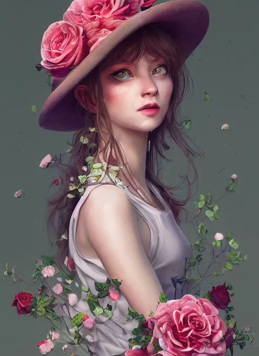 Prompt: a portrait of a female wearing a hat with roses on top, hyper detailed, digital art, trending in artstation, cinematic lighting, studio quality, smooth render, unreal engine 5 rendered, octane rendered, art style by klimt and nixeu and ian sprigger and wlop and krenz cushart