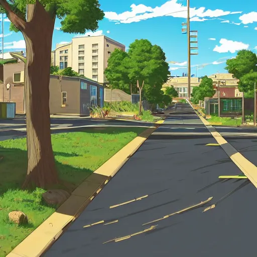 Image similar to neighborhood street, uptown street, golden hour, golden sunshine, trees over road, shining sun in distance, trees, juniper trees, oak trees, cars parked in street, long street, distance, cel - shaded, raytracing, cel - shading, toon - shading, 2 0 0 1 anime, flcl, jet set radio future, drawn by artgerm