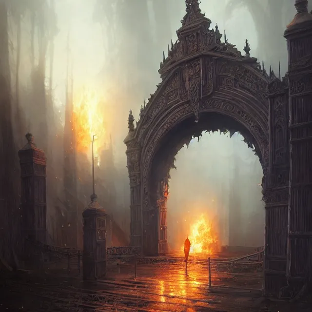 Image similar to huge gate, environment, illustration, symmetrical, fire, smoky, unreal engine, colors, epic scene, fantasy art by greg rutkowski,, golden raito, high quality, intricate details, details, intricate, atmosphere, highly detailed, matte painting, cinematic, deviantart, realistic, concept art, 4 k