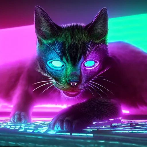 Image similar to fluorescent and iridescent, neon kittens cyperpunk 2 0 7 7, unreal engine 5, 8 k ultra realistic, hyperdetailed, volumetric lighting, extremely high quality